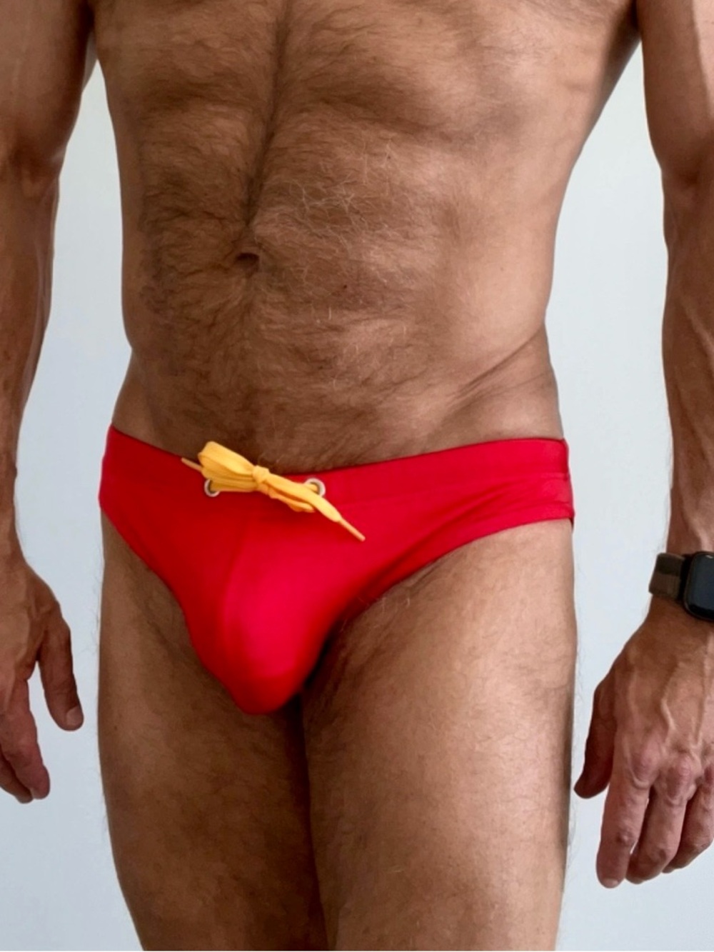 Men's Red Swim Brief with Yellow Drawstring, large to medium